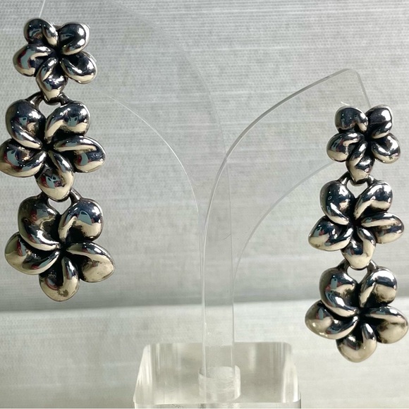 VINTAGE STERLING SILVER 925 FLOWERS DANGLE EARRINGS - Picture 7 of 11